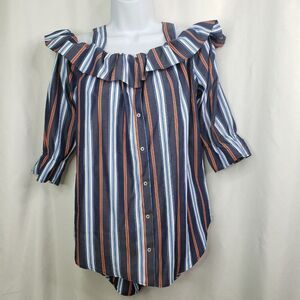 Janet Chung Striped Blouse Medium Off The Shoulder Ruffled Top Hi-Low Blue Shirt